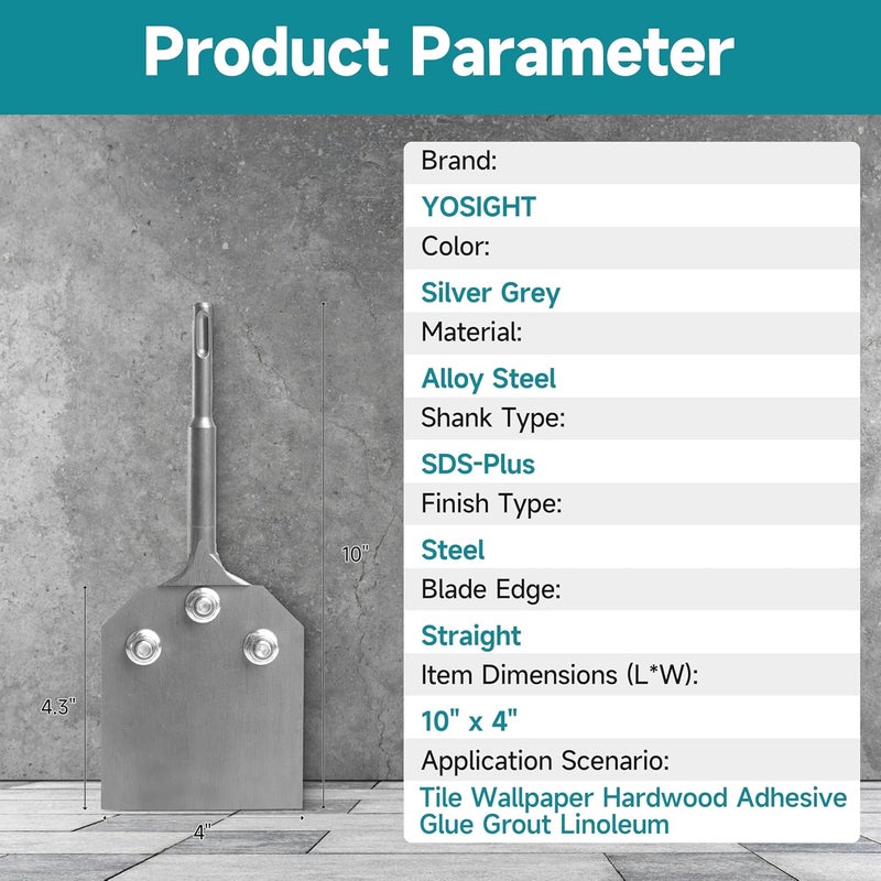 YOSIGHT قضيب كاشط أرضيات بشفرة SDS-Plus بعرض 4 إنش، كاشط بلاط وطلاء رقيق - 4 إنش × 10 إنش من الفولاذ السبيكي لتنظيف لاصق بلاط الطين الرقيق - Image 4